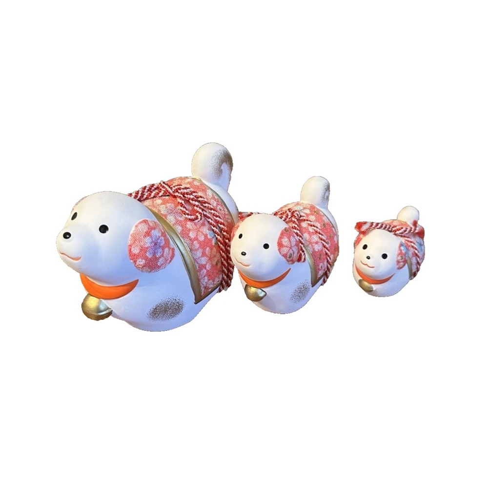Tsuri Zodiac Dog Shrine Set of 3 Clay Pottery White Pink Japanese